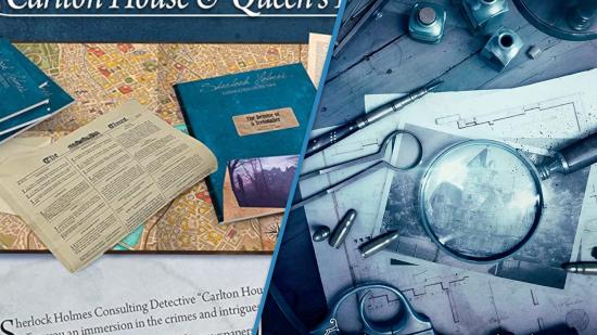 Sherlock Holmes Consulting Detective board game images spliced together, the image on the left shows an image from the back of the box, which shows documents from the game, the image on the right shows artwork from the front of the box, included magnifying glasses and other tools laid upon an indistinct photograph.