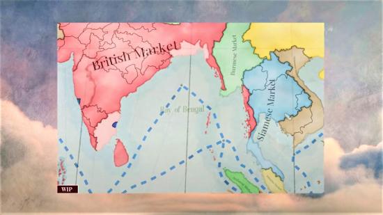Victoria 3 dev diary opium wars - Paradox dev diary video screenshot showing an in game map of the Indian ocean and trade zones
