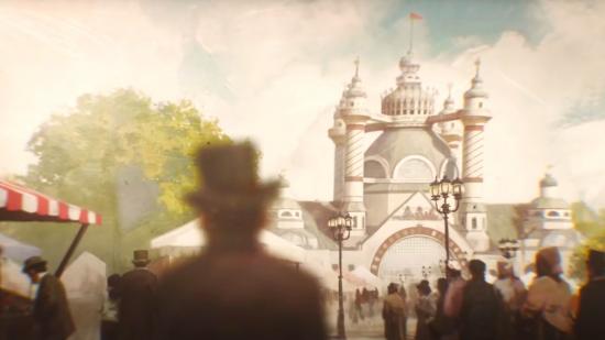 Victoria 3 PDXCON playable demo - screenshot from Paradox's Victoria 3 announce trailer showing a building and a silhouetted man
