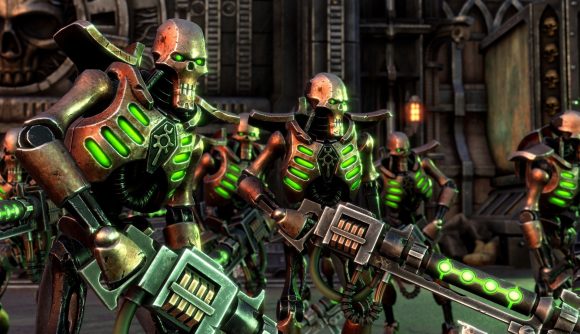 Warhammer 40000 battlesector necrons dlc- a group of necrons wielding weapons.