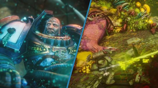 Warhammer 40k: Chaos Gate - Daemonhunters pre-order images spliced together - on the left, a close up image of an elderly Space Marine taken from a trailer, on the right, an image of a Space Marine in battle in-game.