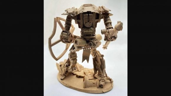 Warhammer 40k imperial knight cardboard: An imperial cerestus knight-lancer made entirely from cardboard, viewed from behind.