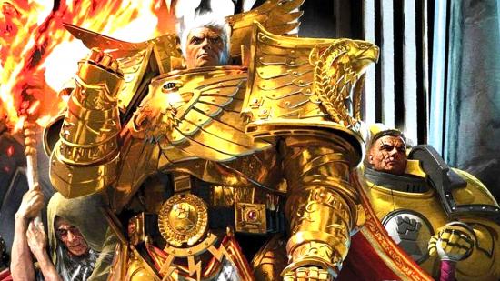 Warhammer 40k Rogal Dorn guide - Games Workshop artwork showing Rogal Dorn in shining gold armour, flanked by his Imperial Fists