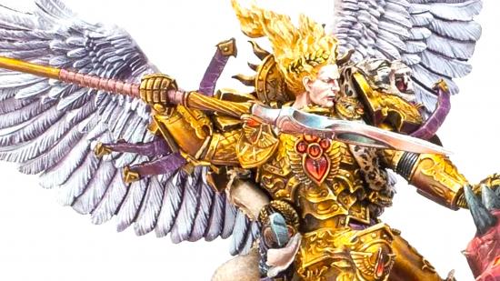 Warhammer 40k Sanguinius guide - Games Workshop photo showing the Sanguinius model from Forge World, close up on the face and spear