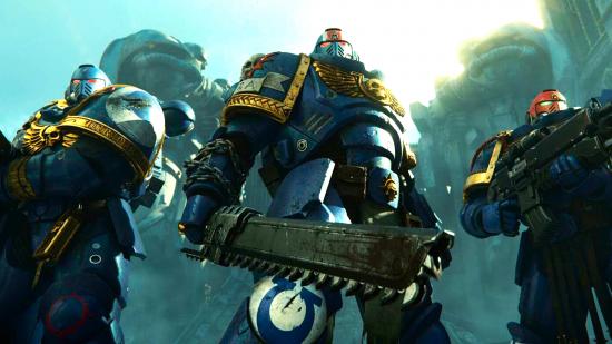 Warhammer 40k Space Marine 2 release date - official trailer screenshot showing captain titus and ultramarines standing tall