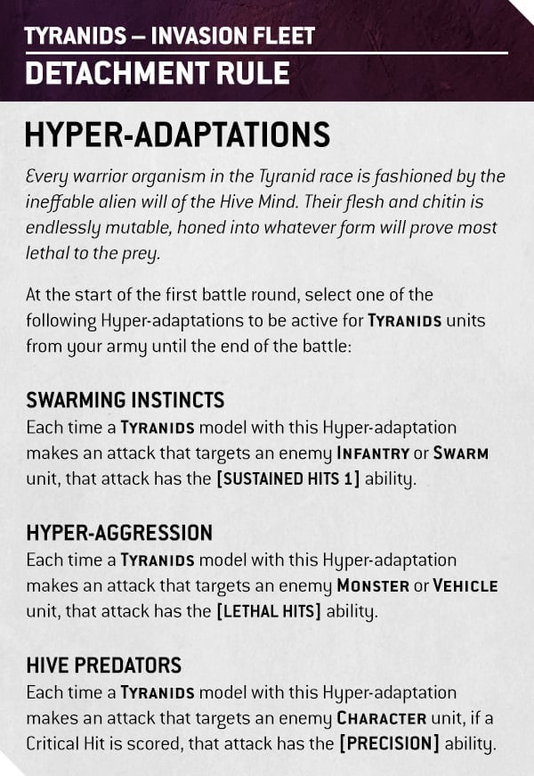 Warhammer 40k Tyranids Invasion Fleet detachment Hyper Adaptations rules by Games Workshop