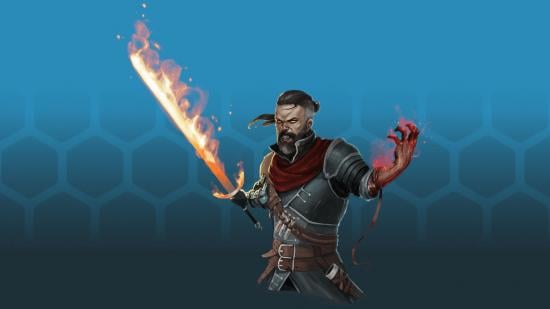 DnD Blood Hunter 5e - a man with a bloody hand wielding a flaming sword