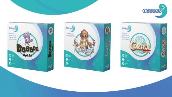 Asmodee board games studio for accessibility - Asmodee photo showing the box artwork for the Access+ versions of Dobble, Timeline, and Cortex