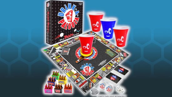 Best drinking board games guide - Drink-a-Palooza sales photo showing the box, board, materials, and color solo cups
