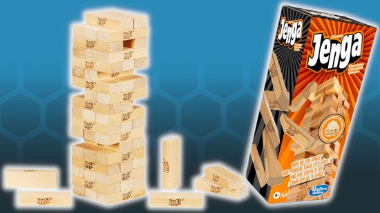 Best drinking board games guide - Jenga sales photo showing the main box and the classic Jenga tower and bricks