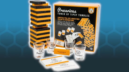 best drinking board games guide - Precarious game sales image showing the box, tower, cards, and shot glasses