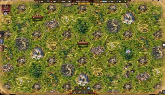 Best free strategy games: a screenshot from the game Elvenar shows a large map with various settlements on it.