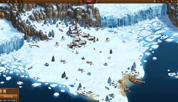 Best free strategy games: a screenshot from the game Forge of Empires shows a small Viking settlement on a snowy tundra.