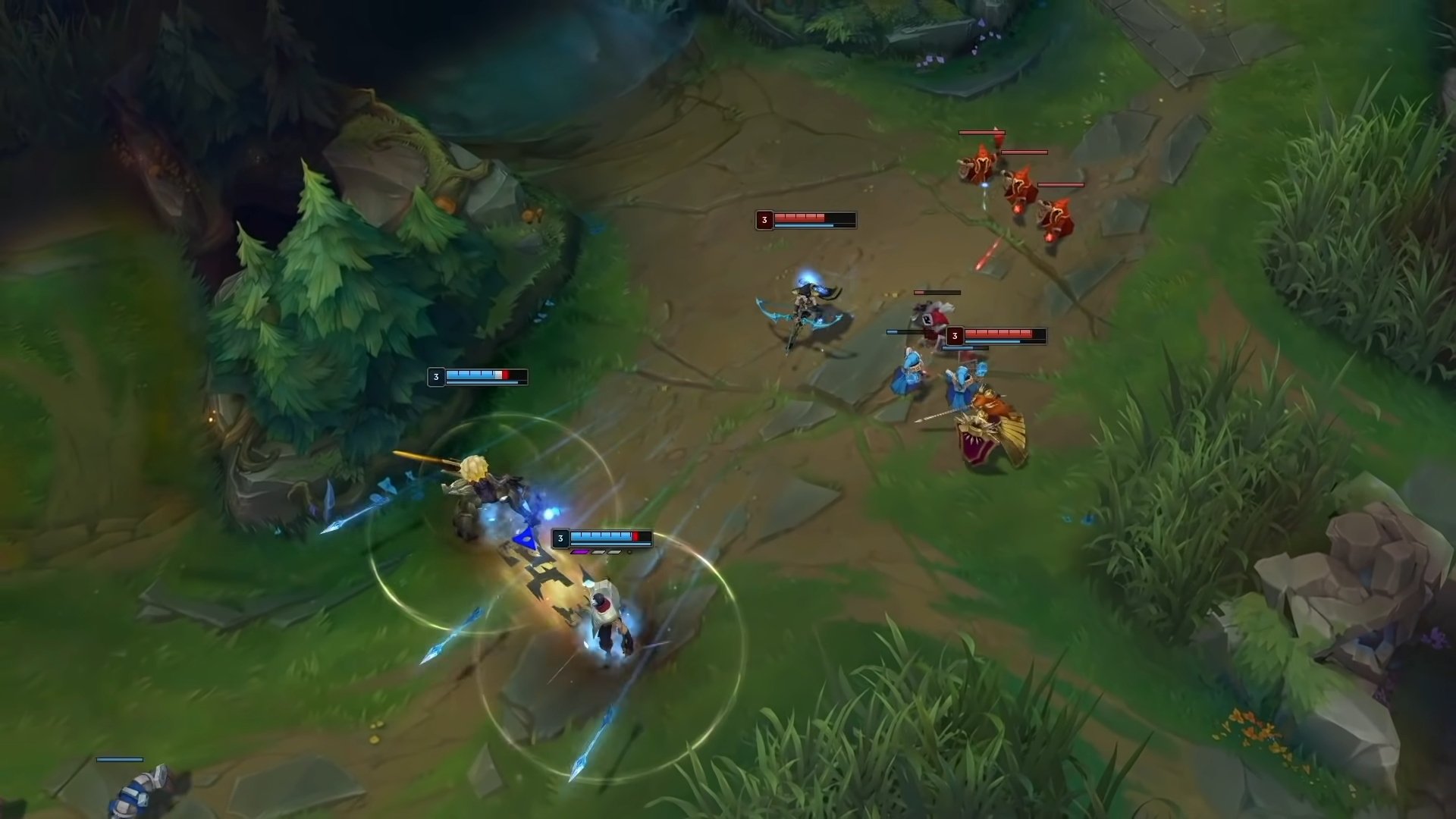 Best free strategy games: a screenshot from League of Legends shows a battle unfolding between a group of characters in a wood.