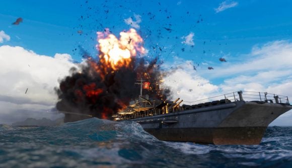 Best naval games: World of Warships. Image shows a warship taking fire from an opponent.