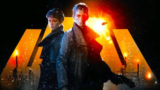Blade Runner RPG starter set - two detectives in dark coats, standing back to back and holding guns