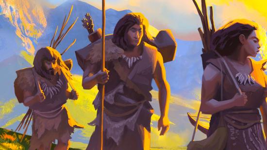 Catan Dawn of Humankind release date - three Stone Age people travelling on hillside