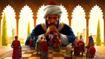 Crusader Kings 3 Fate of Iberia - a man in a turban with a dark beard leans on a chess table and watches over several small medieval characters