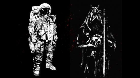 Death in Space RPG - black and white illustration of an astronaut and a cultist
