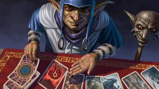 DnD 2023 release schedule - Wizards of the Coast art of a goblin reading the Deck of Many Things