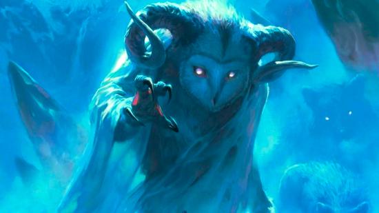 The best DnD Campaigns guide - Wizards of the Coast artwork for Icewind Dale: Rime of the Frostmaiden showing a horned ice owl creature