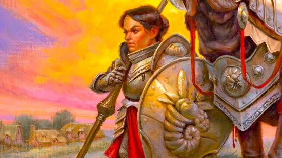 DnD Halfling 5e - a halfling woman in plate armour, holding a spear and a shield