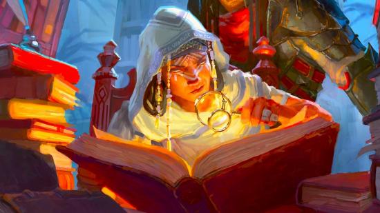DnD how to be a DM - Candlekeep Mysteries art showing a woman in a white robe reading a book with a magnifying glass