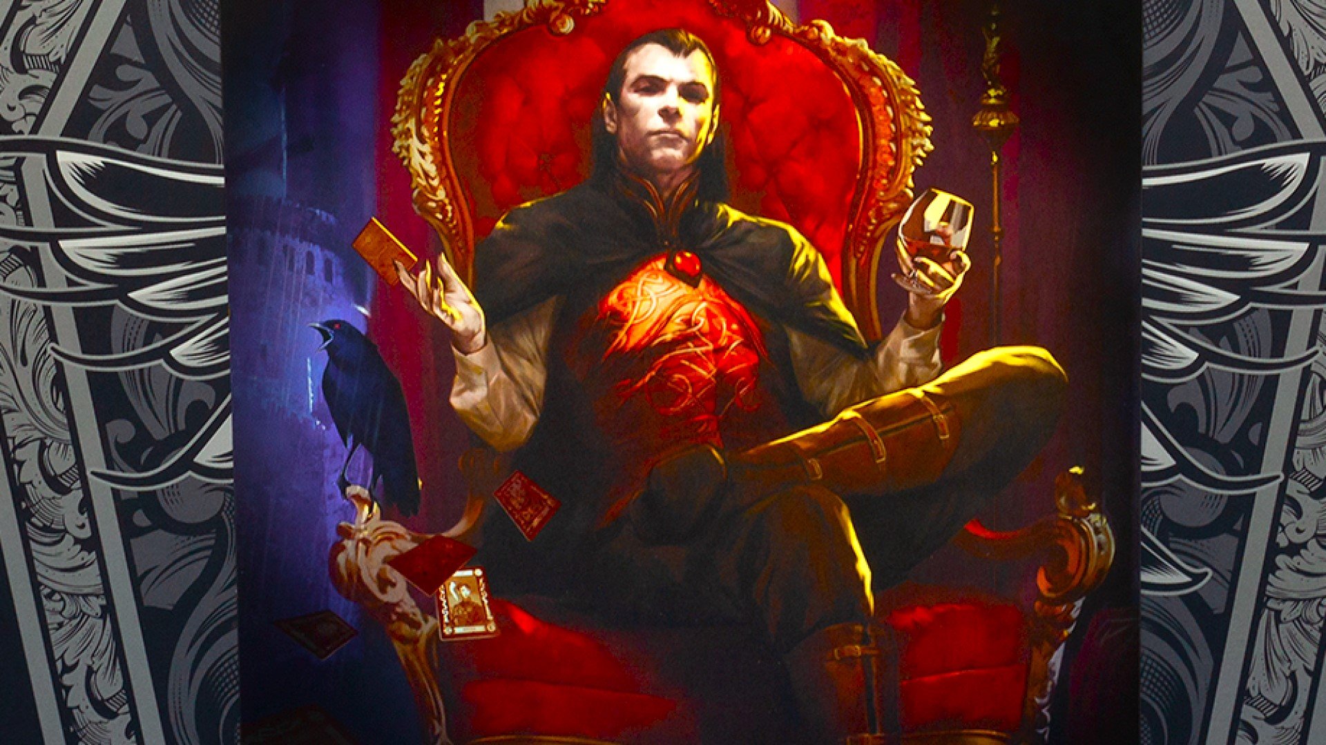 DnD how to be a DM - Wizards of the Coast's Curse of Strahd cover, showing the vampire Strahd sat in a red armchair