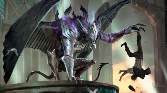 magic the gathering arena alchemy new capenna: a demon dangling a human off the edge of a building, by their ankle.