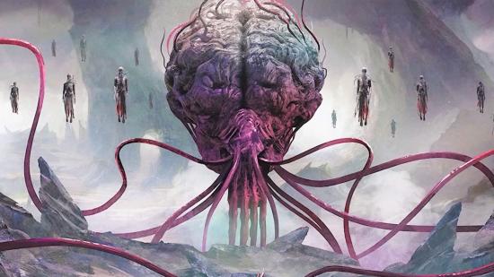 magic the gathering commander legends battle for baldurs gate teaser: an elder brain in a watery cavern surrounded by floating illithids