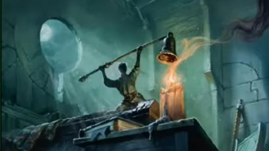 Magic the Gathering dnd backgrounds: A man lifting a giant candle snuffer over his head, approaching a giant candle.