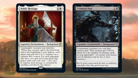 Magic the Gathering dnd backgrounds: Two MTG cards displaying DnD backgrounds, Criminal Past and Noble Heritage