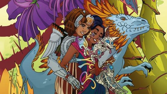 Magic the Gathering pride secret lair blocked: Artwork of two planeswalker characters, Saheeli and Huatli, hugging next to a dinosaur.