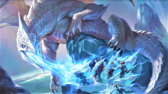 Magic the Gathering secret lair dnd dragons - artwork of a white dragon breathing frost magic over a party of adventurers