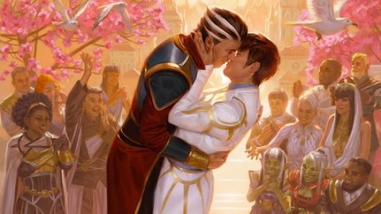 MTG Pride Secret Lair - 'Savour the moment' card art, two men kissing in front of a formally dressed crowd