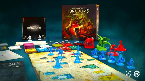 RuneScape board game preview - core board game box, expansion box, board, miniatures, and components