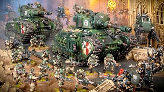 Warhammer 40k astra militarum army guide - Games Workshop image showing the new Rogal Dorn Battle Tank and Cadian Shock Troops models