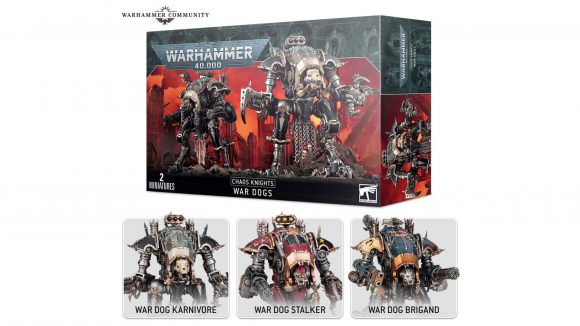 Warhammer 40k Chaos Knights War Dogs set - a box depicting two War Dog miniatuers, with images of three variations you can make using the box's components