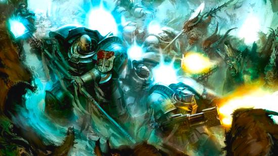 Warhammer 40k Grey Knights guide - Warhammer Community artwork showing Grey Knights in terminator armour fighting daemons