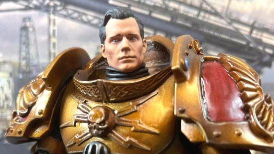 Warhammer 40k Henry Cavill custodes action figure - photo by the figure's creator Simon Cook, shared on the Warhammer 40k For All Facebook group, showing the figure's head, face, and shoulders up close in portrait form