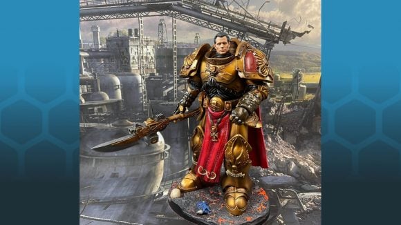 Warhammer 40k Henry Cavill custodes action figure - photo by the figure's creator Simon Cook, shared on the Warhammer 40k For All Facebook group, showing the figure face on, guardian spear in hand