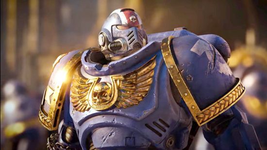 Warhammer 40k Space Marine 2 release date - Game Awards 2022 Gameplay trailer screenshot showing Captain Titus in engine