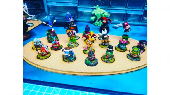 Warhammer 40k squig Pokemon - a collection of customised Warhammer squig minis on a table
