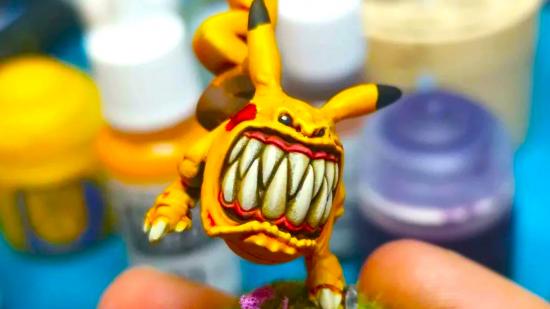 Warhammer 40k squig Pokemon - a plastic miniature squig painted and sculpted to look like a Pikachu