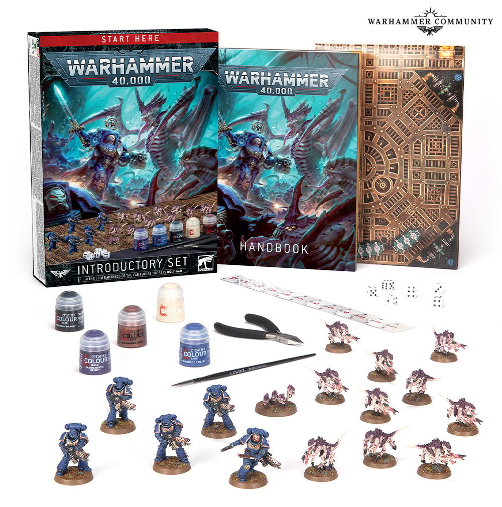 Warhammer 40k introductory set - product photo by Games Workshop, a Warhammer 40k starter set with space marines, tyranids, paints, paintbrush, and clippers