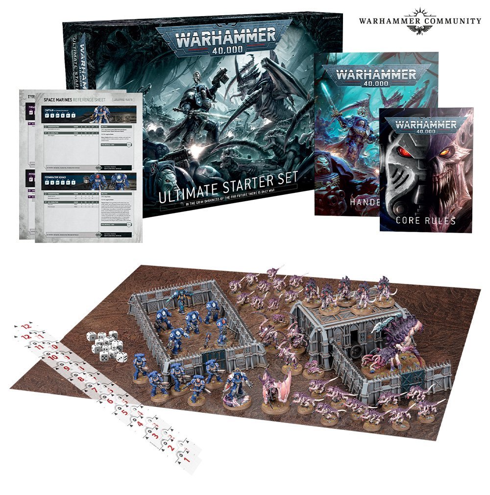 Warhammer 40k Ultimate starter set - product photo by Games Workshop of the Warhammer 40k 10th edition starter set, with Space Marines,Tyranids, and plastic Gaming Terrain