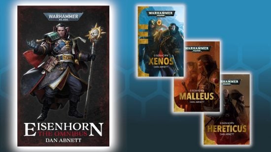 Best Warhammer 40k books guide - front cover art images for the Eisenhorn Omibus, Xenos, Malleus, and Hereticus by Dan Abnett