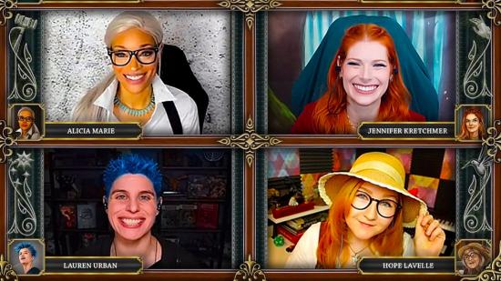 DnD Children of Earte - four of the six Children of Earte players (Alicia Marie, Jennifer Kretchmer, Hope LaVelle and Lauren Urban) smiling at their cameras during a Twitch stream