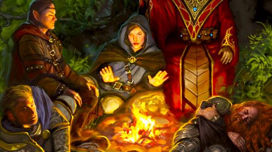 DnD exhaustion 5e - Wizards of the Coast art of a party rest around a campfire