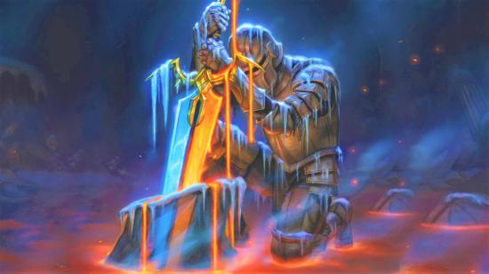 DnD Hasbro wins Wizards of the Coast spin-off - MTG card art for Sword of Fire and Ice, showing a knight plunging a sword into the ground while kneeling